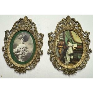 VTG 2 Whimsigoth Italian Ornate Metal Oval Picture Frames Intricate Scroll Decor